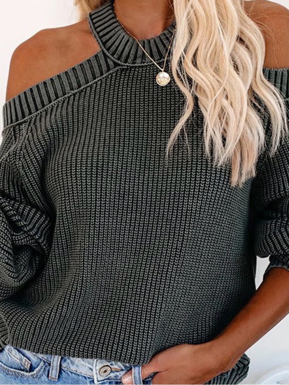 Vici Off-The-Shoulder Ribbed Knit Sweater — Charcoal NWOT